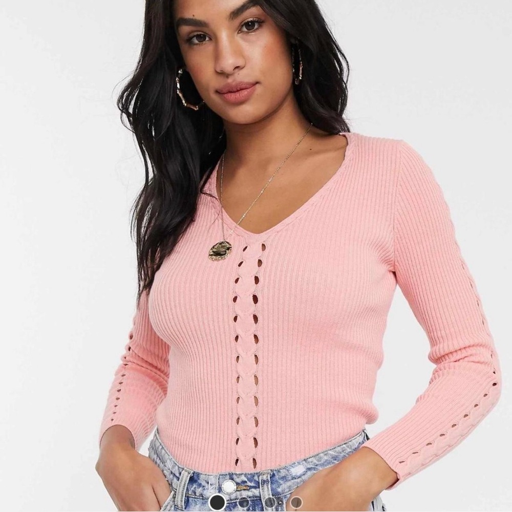 Pink Ribbed V-Neck Sweater - River Island